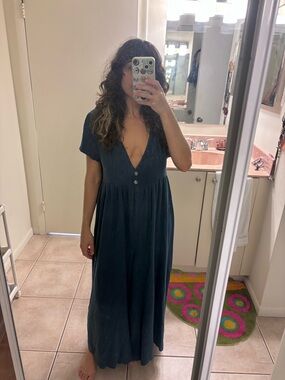 NATURAL LIFE Deep Teal V-Neck Button-Front Maxi Dress